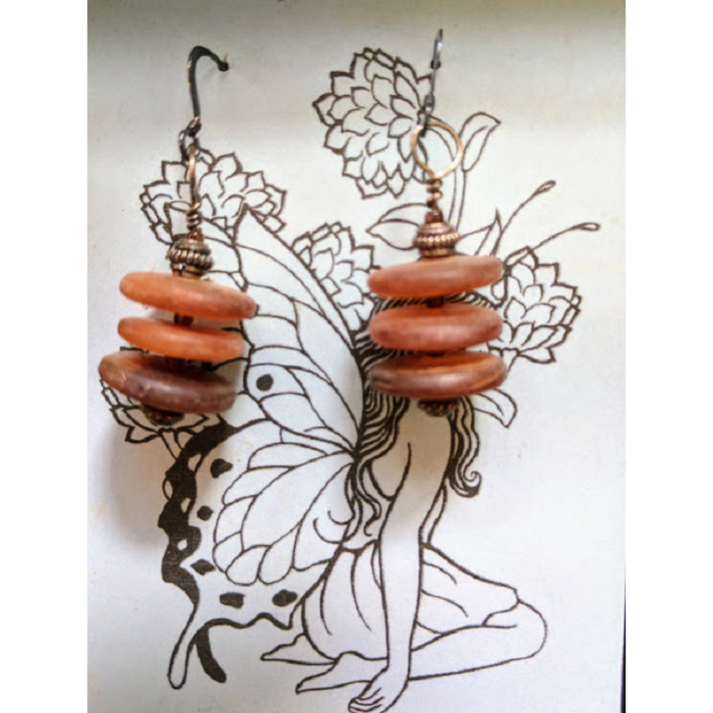 Hand Beaded Earrings w/ Crystal, Glass, Semi Precious Stone Amber Three Disk